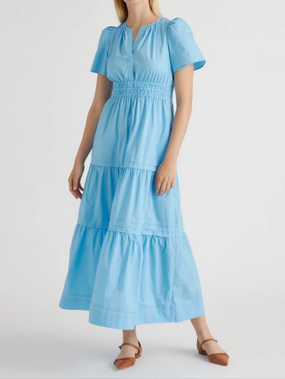 Quince 100% Organic Cotton Poplin Tiered Maxi Dress Cornflower Blue Medium